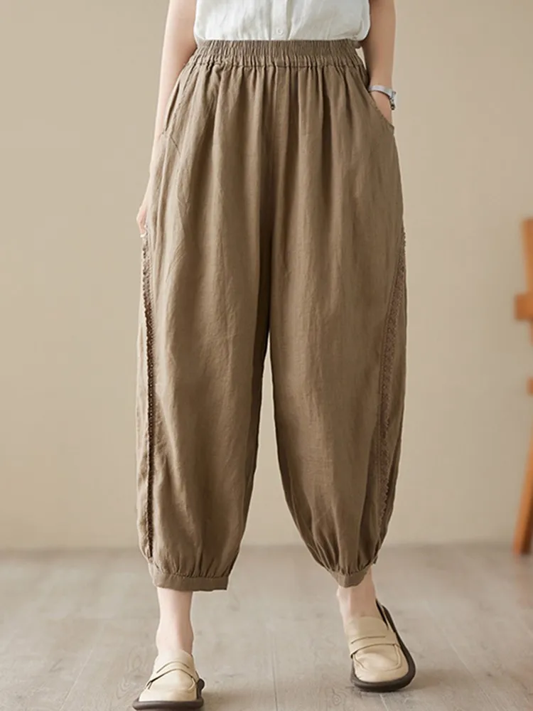 

Женские повседневные шаровары, Новое поступление 2023, летние винтажные однотонные свободные женские хлопковые льняные брюки до щиколотки с кружевом, B2830