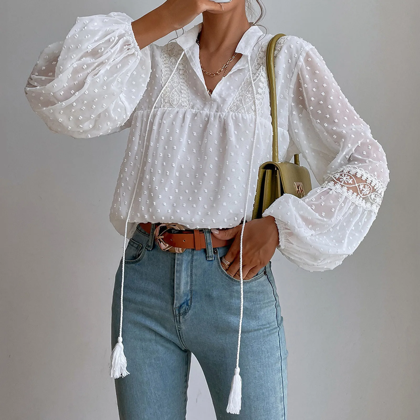 

Women Polka Point Chiffon Blouse Top Stand Collar Lace Patchwork Loose Shirt Spring Summer Long Sleeve Ruffles Blusa Mujer