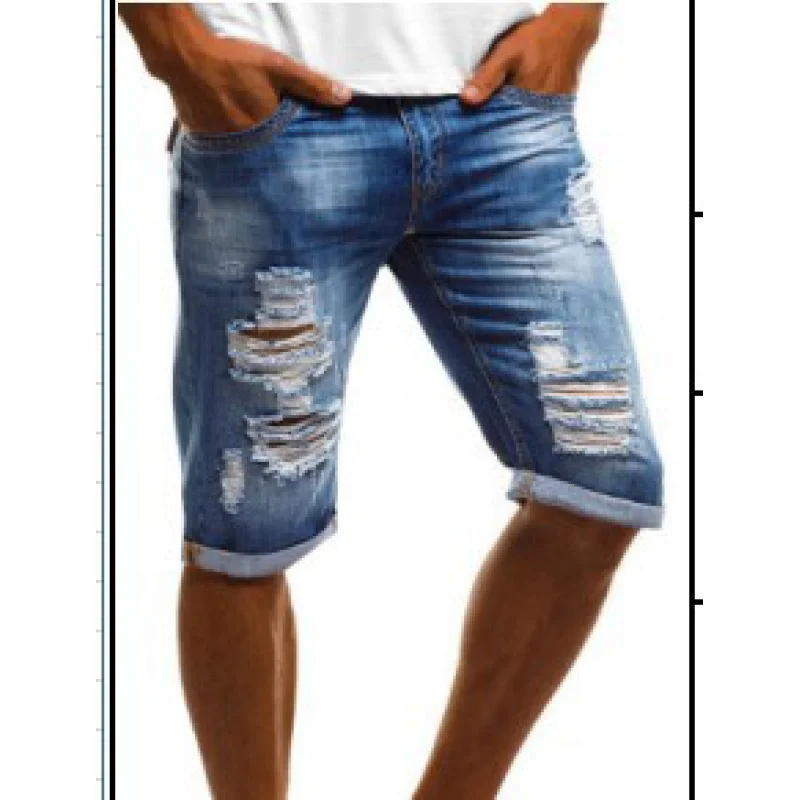 Men's New Jeans Flanging White Ripped Straight Fifth Pants Fashion Trendy Men's Jeans