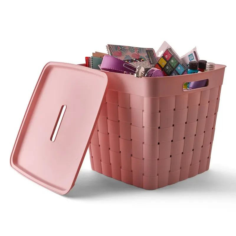 Child and Teen Plastic Wide Weave Pink Stacking Storage Bin with Lid, 4 Pack images - 6