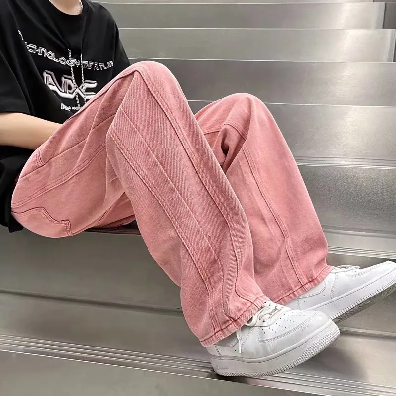 Pink Jeans Women Fashion Hip Hop High Street StreetStraight Denim Male Cargo Pants Sweatpants Baggy Wide Leg Casual Trousers