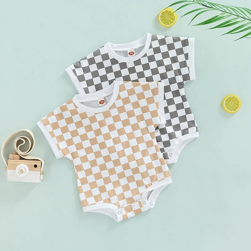 

Baby Summer Unisex Rompers Toddler Newborn Boys Girls Cotton Plaid Print Short Sleeve Romper Jumpsuits Overalls Infant Clothing