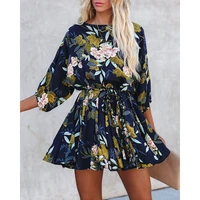 womens dress 2022 fashion new flower print round neck 34 sleeve casual chiffon polyester pullover mid waist swing skirt