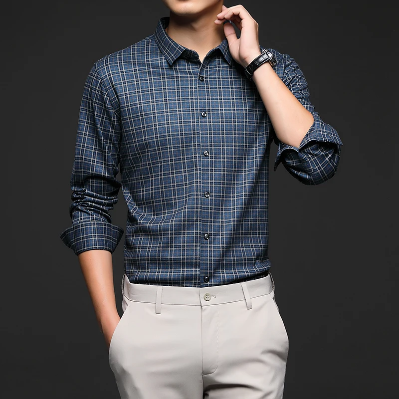 

Top Young and Middle-Aged Men's Small Plaid Long-Sleeved Shirt Spring and Autumn New Business Casual High-End Shirt Non-Ironing
