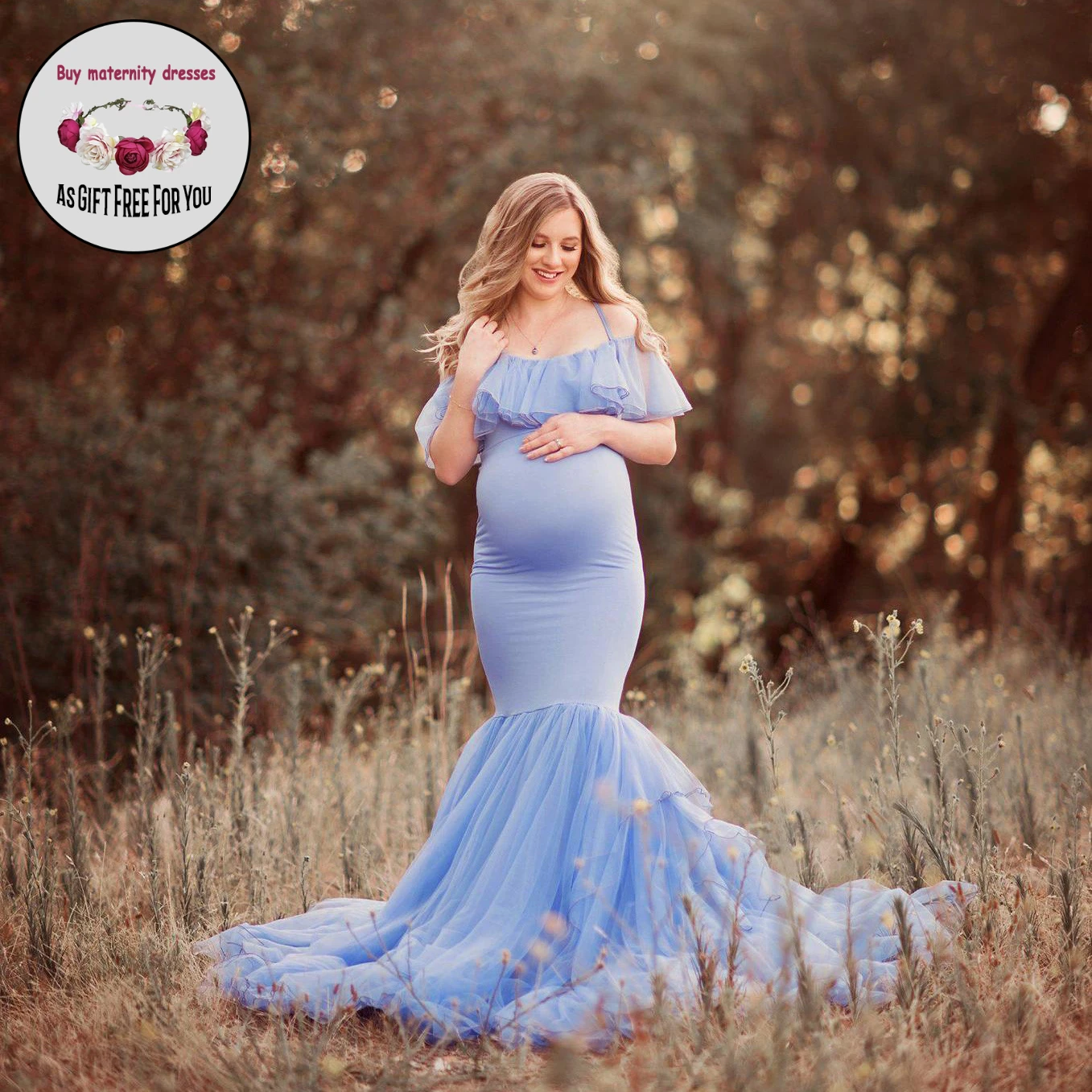 

Women Spaghetti maternity dress Sexy Off Shoulder Cascading RufflMaxi Mermaid Gown maternity Photography dress