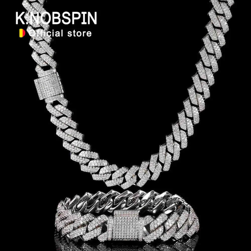 KNOBSPIN D Color Moissanite Cuban Bracelet 925 Sterling Sliver Plated with 18k White Gold Diamond Cuban Link Chain for Women Man