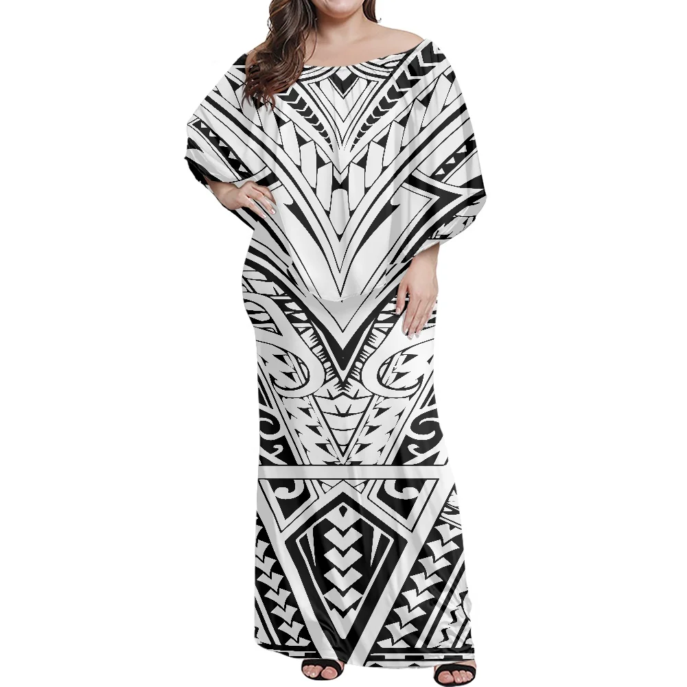 

Polynesian Tribal Fall Off Shoulder Bodycon Maxi Dress With Shawl Tribal Tongan Tattoo Women'S Frill White Holiday Clothing