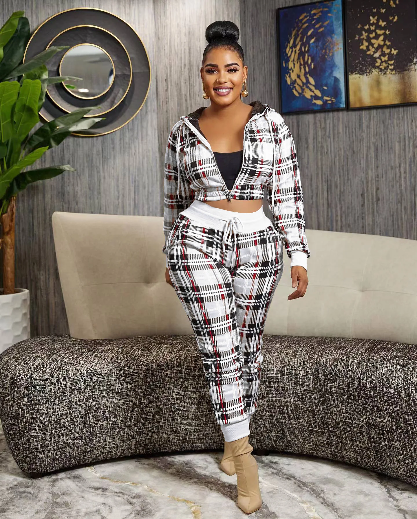 

Chocomist Two-pieces Sporty Casual Plaids Print Hooded Women Pants Set
