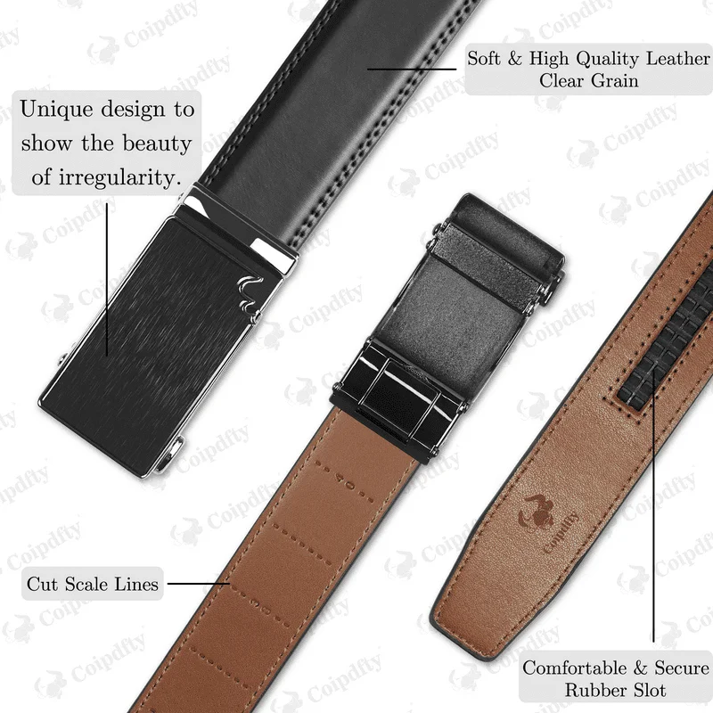 

Fashionable, Comforting Mens Easy Adjustable Ratchet Belt with Sliding Buckle and Maximum Support Provided by Leather Material.