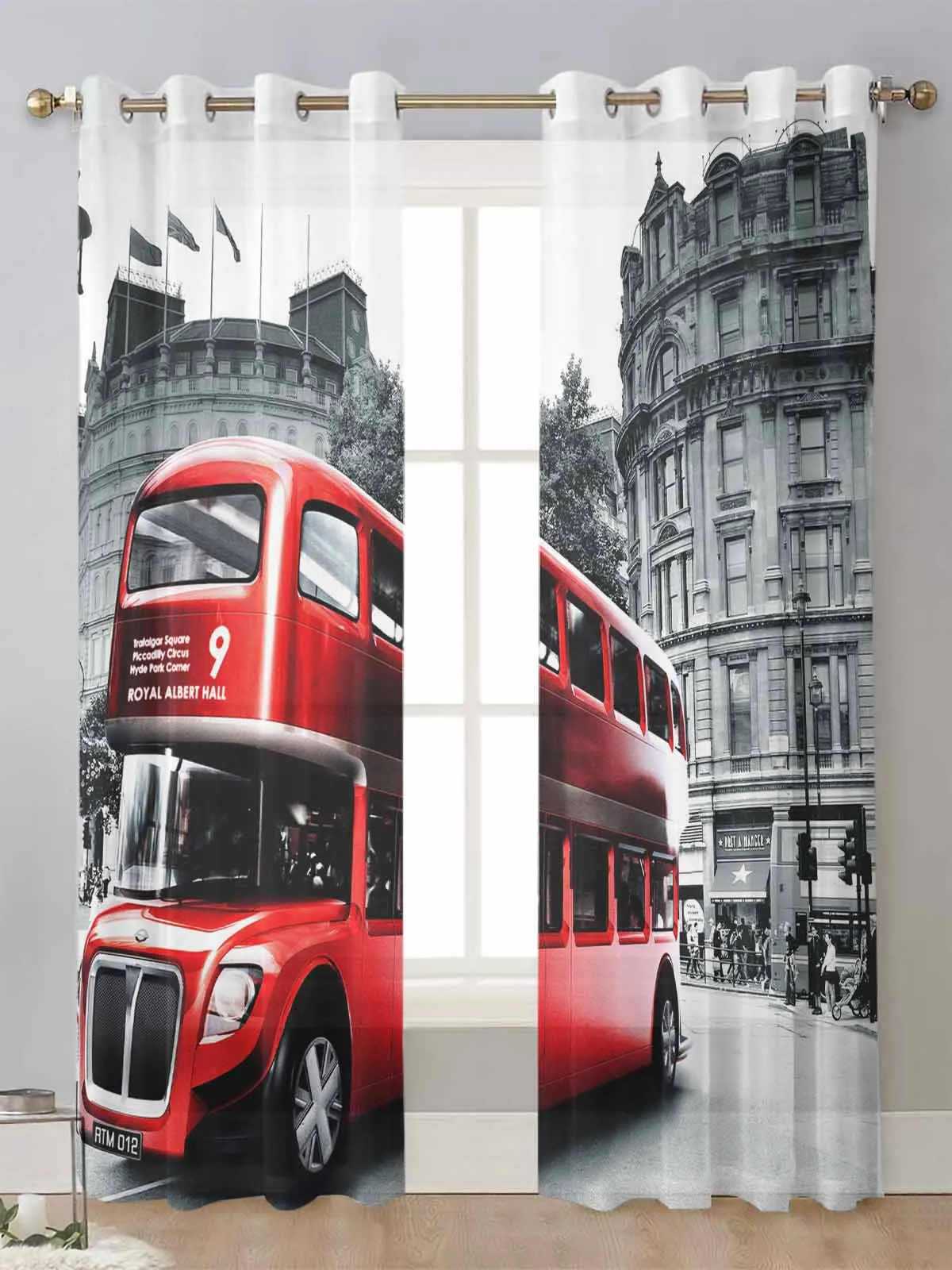 

Red Bus London Street Scenery Sheer Curtains For Living Room Window Transparent Voile Tulle Curtain Cortinas Drapes Home Decor