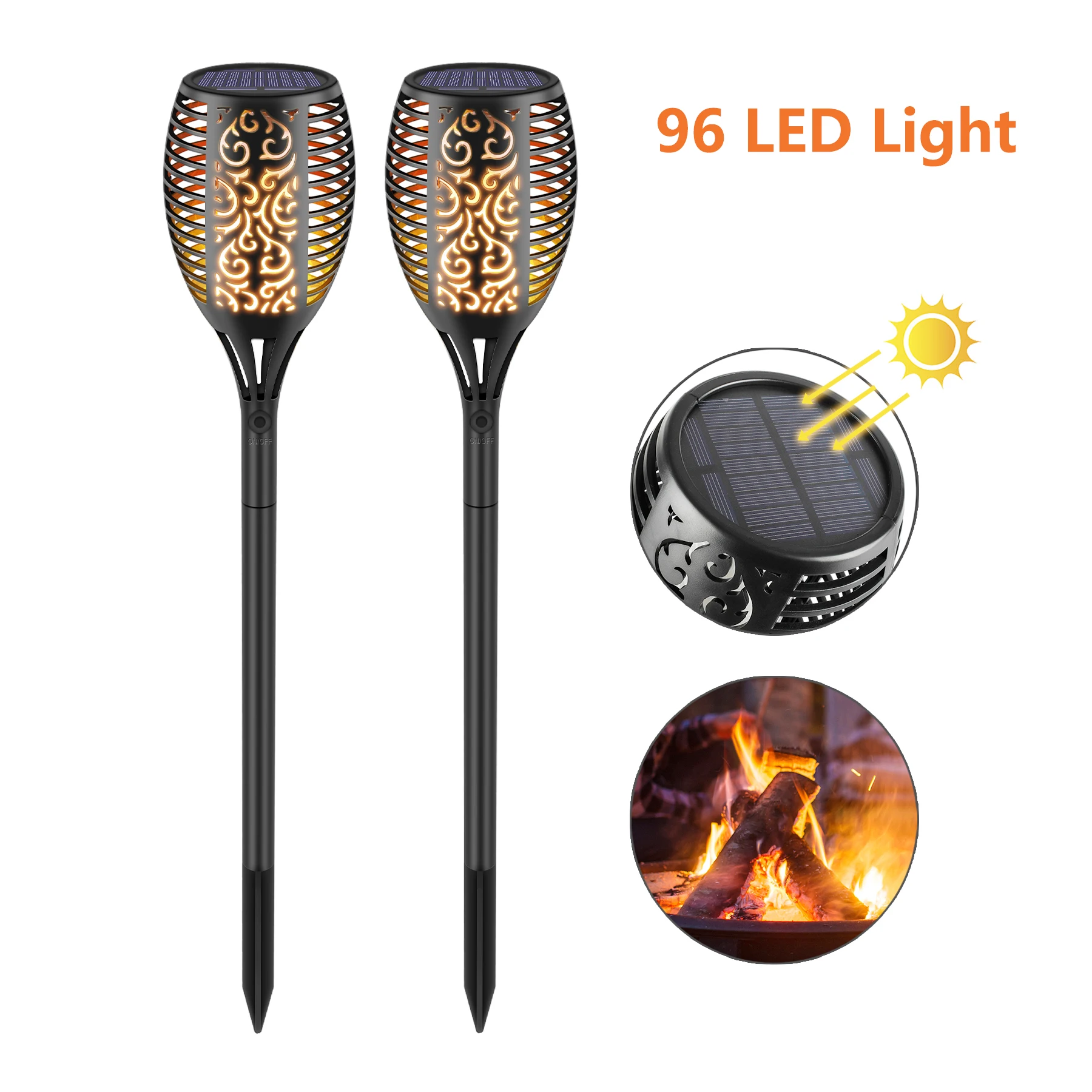 

2pcs Solar Flashlight IP65 Waterproof Garden Light Flame Lamp 96 LED Light Garden/Lawn/Villa/Street Decoration