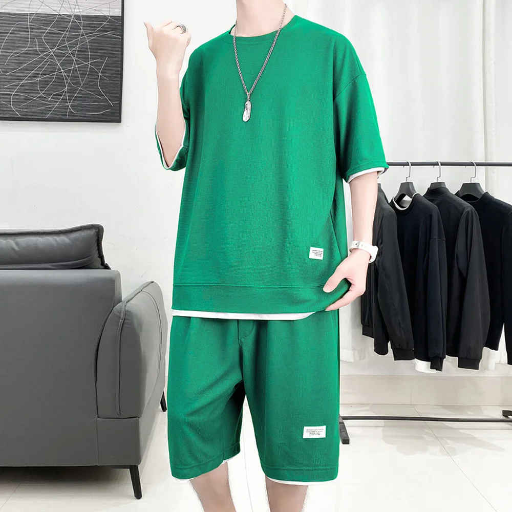 

Костюм спортивный мужской с шортами и вафельным узором, модная одежда в Корейском стиле Харадзюку, комплект из 2 предметов, свободный крой, на лето