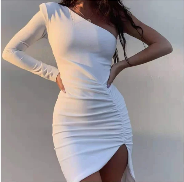 

2023 Bodycon Dress for Women One Shoulder Fashion Elegant Sexy Club Dress Mini Pleated Slit Club Party Long Sleeve Dress
