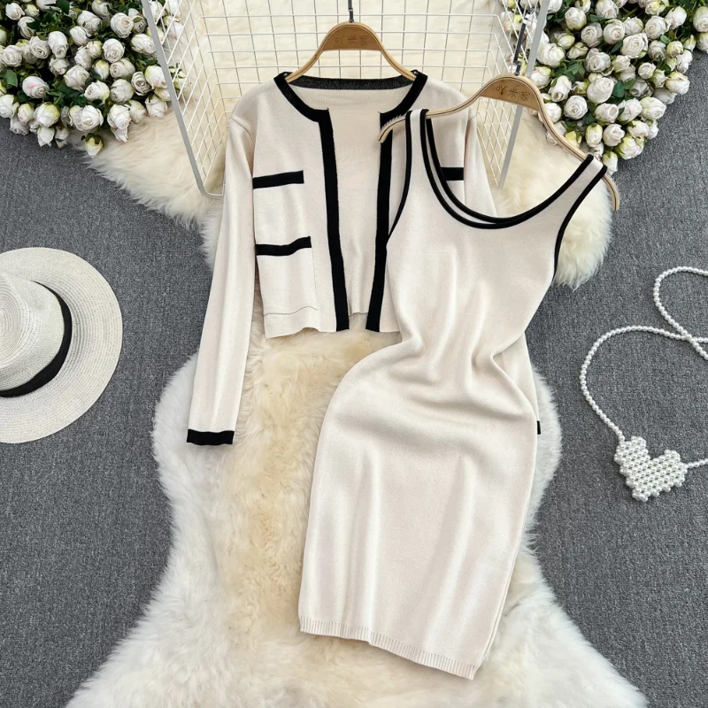 

WDMSNA Vintage Contrast Color Slim Knit Tank Top Bodycon Dress Round Neck Knitted Cardigan Coat Two Piece Sets Womens Outifits