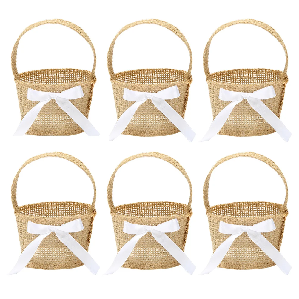 

6pcs Handheld Easter Egg Basket Candy Cake Burlap Flower Basket Wedding Flower Girl Baskets with Handle Basket