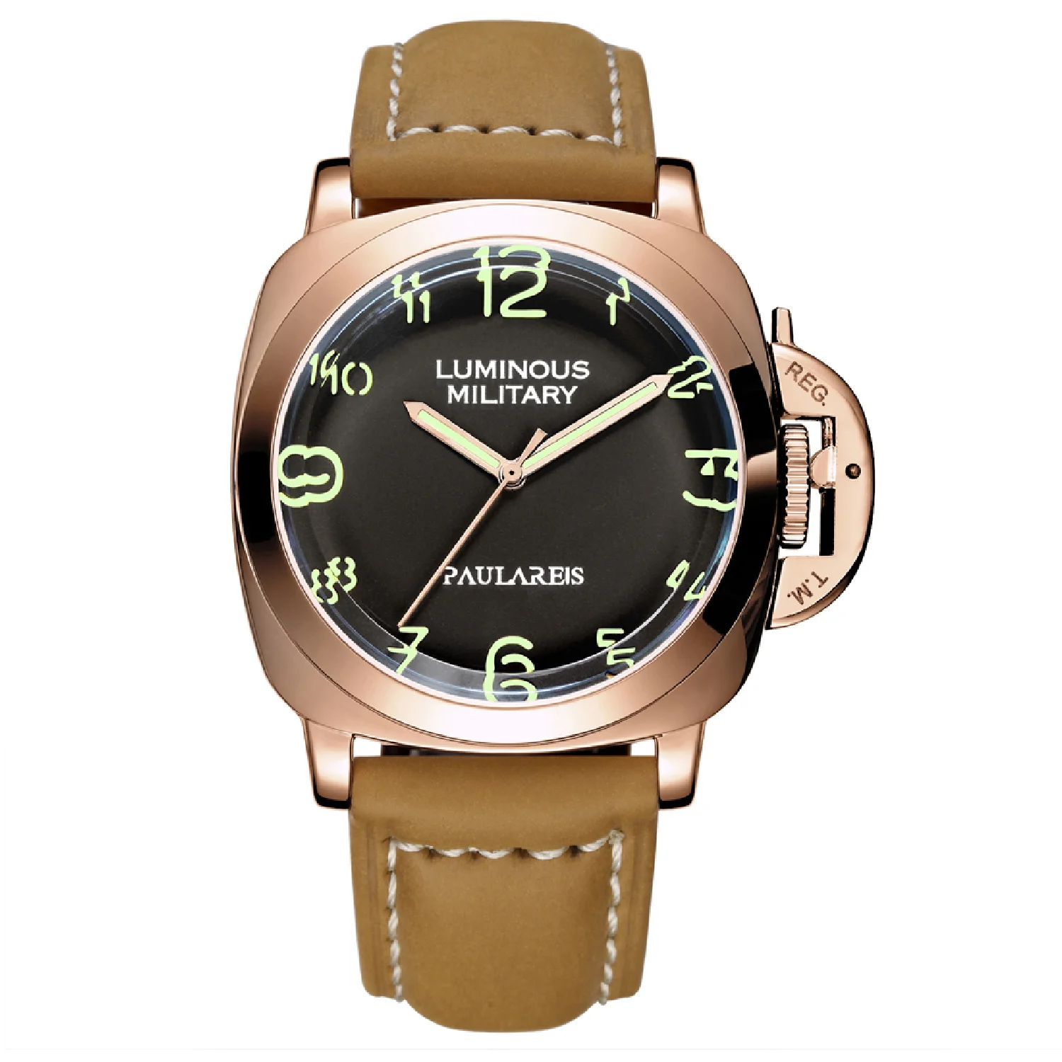 Automatic Self Wind Mechanical Genuine Brown Leather Strap Yellow Green Military Luminous 44mm Luxury Rose Gold Men Watch