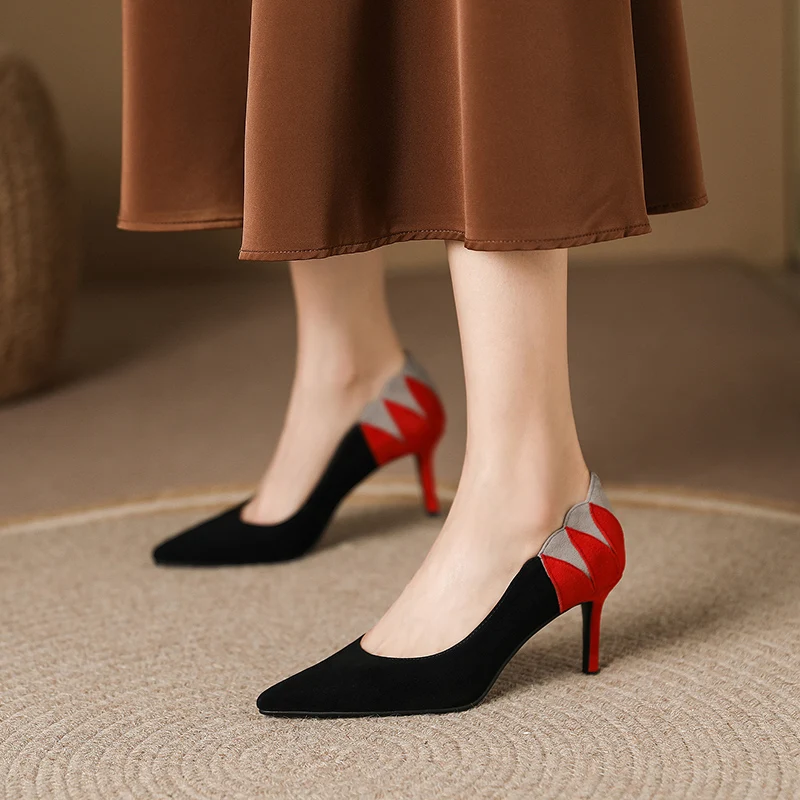 

2023 new spring women pumps natural leather 22-24.5cm length sheepskin suede Color blocked high-heeled shoes women shoes