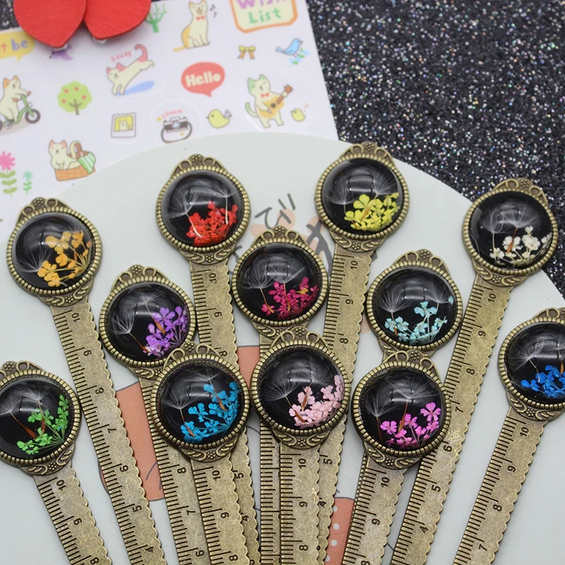 

1 Pcs Creative Retro Bronze Round Bookmark 10cm Ruler Vintage Metal Colorful Flower Glass Gems As Book Page Marker