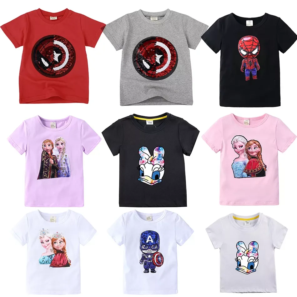 

Summer Kids Boys T Shirt Superhero Sequin Reversible Baby Girls T-shirts Unicorn Children T-shirt Cotton Clothes Tee Tops