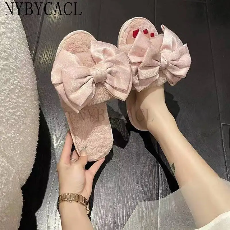 

2022 New bow tie Slippers Women Summer Indoor Warm Plush Thick Indoor Sandals Bathroom Slides Non-slip Soft House Slippers femme