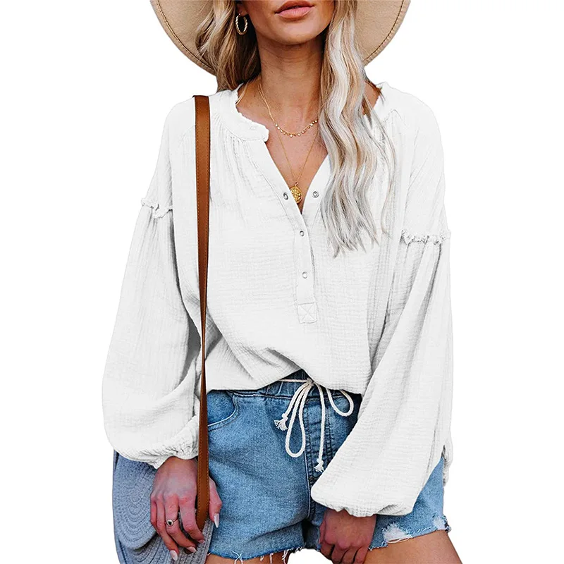 

2022 Autumn Women Tops Cotton Loose Button Pullover V Neck Long Sleeve Shirt Women Shirts Office Lady Casual Shirts Women