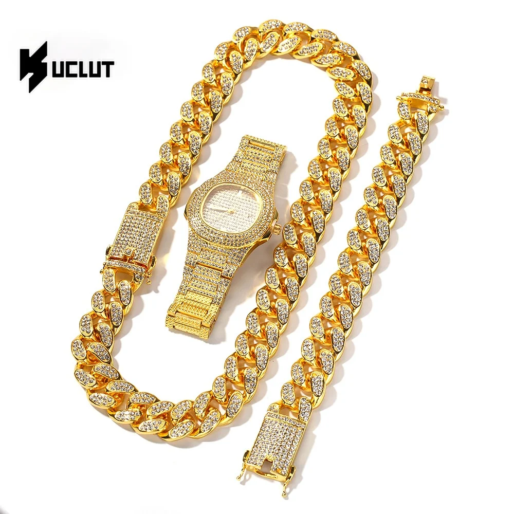 

Necklace +Watch+Bracelet Hip Hop Cuban Link Chain Iced Out Paved Rapper for Man Miami Curb Jewellery Set