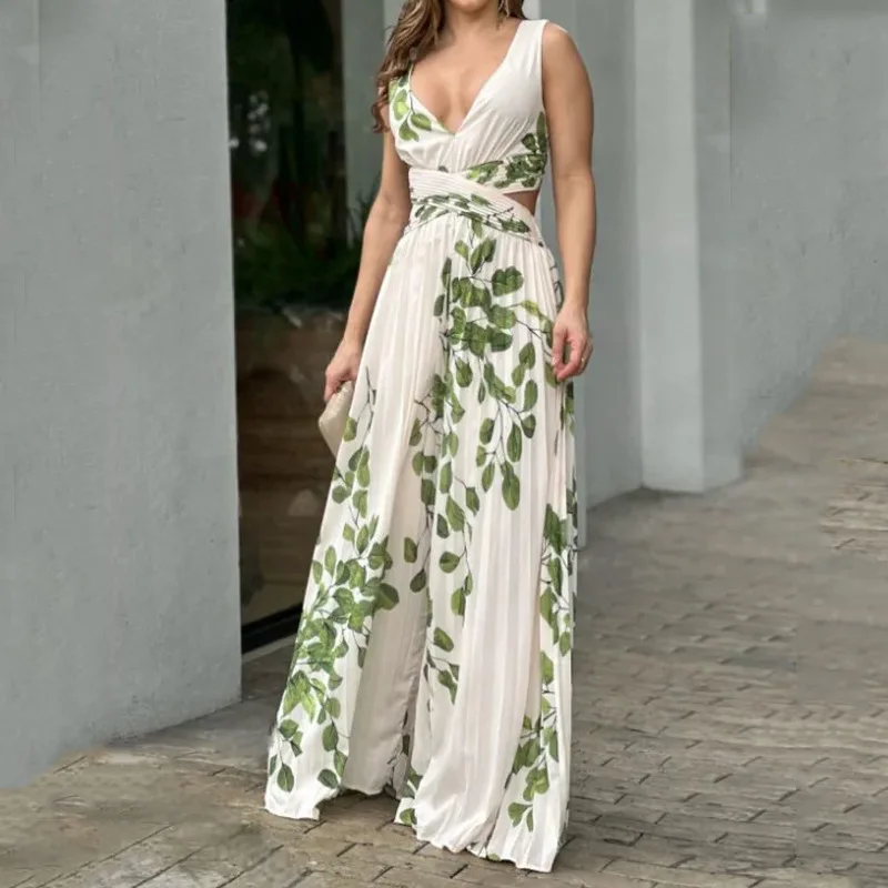 

2023 New Women Jumpsuit Sleeveless V Neck Cutout Nipped Waist Loose Printing Wide Legs Casual Pants Romper High Streetwear