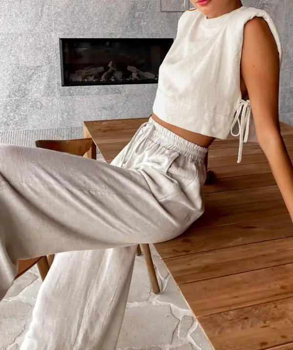 

Комплект из двух предметов из хлопка и льна, женский летний модный топ без рукавов с подкладкой на плечах и круглым вырезом и повседневные брюки с карманами