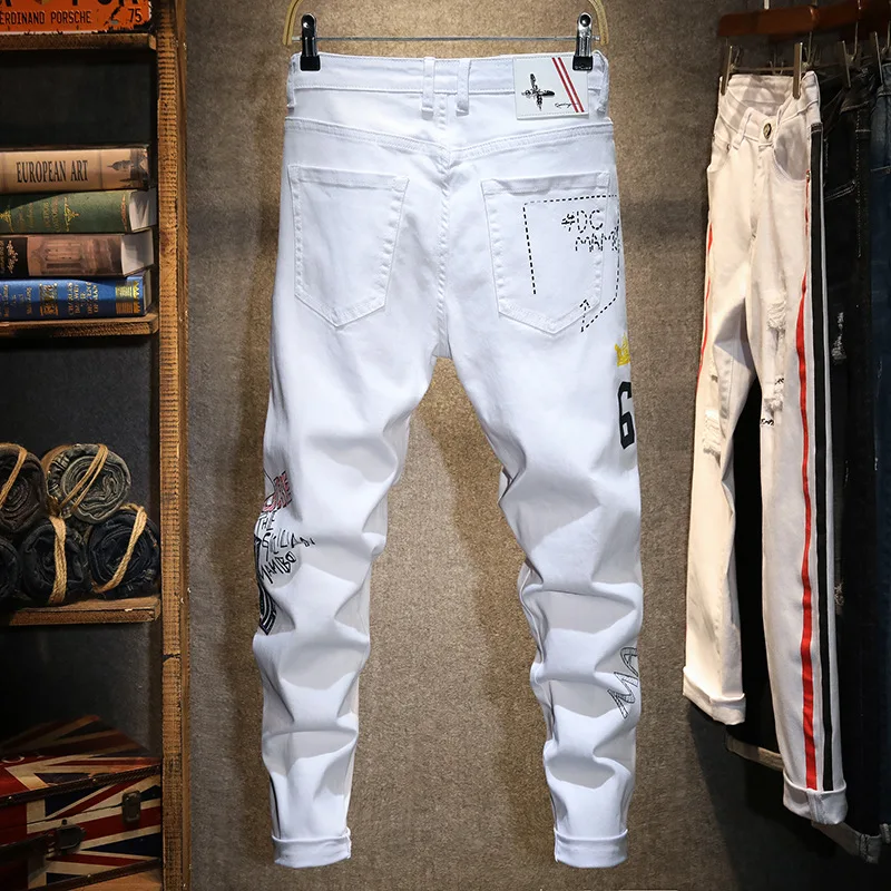 Индивидуальные модные белые джинсы мужская мода горячее тиснение Цветочная