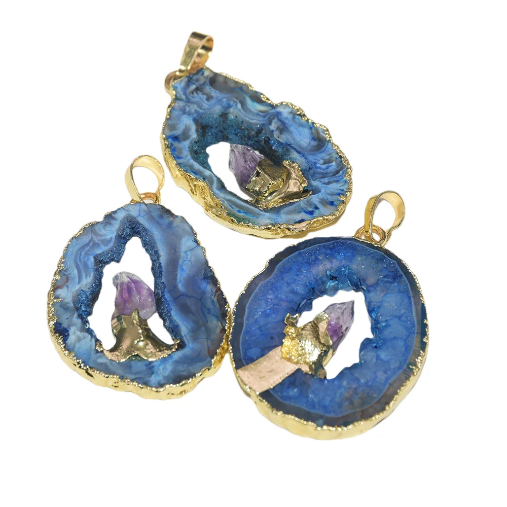 

Wholesale jewelry accessories Blue Stone Geode Druzy men Pendant Crystals Stones amulet DIY hole irregular 24k gold nature 5pc