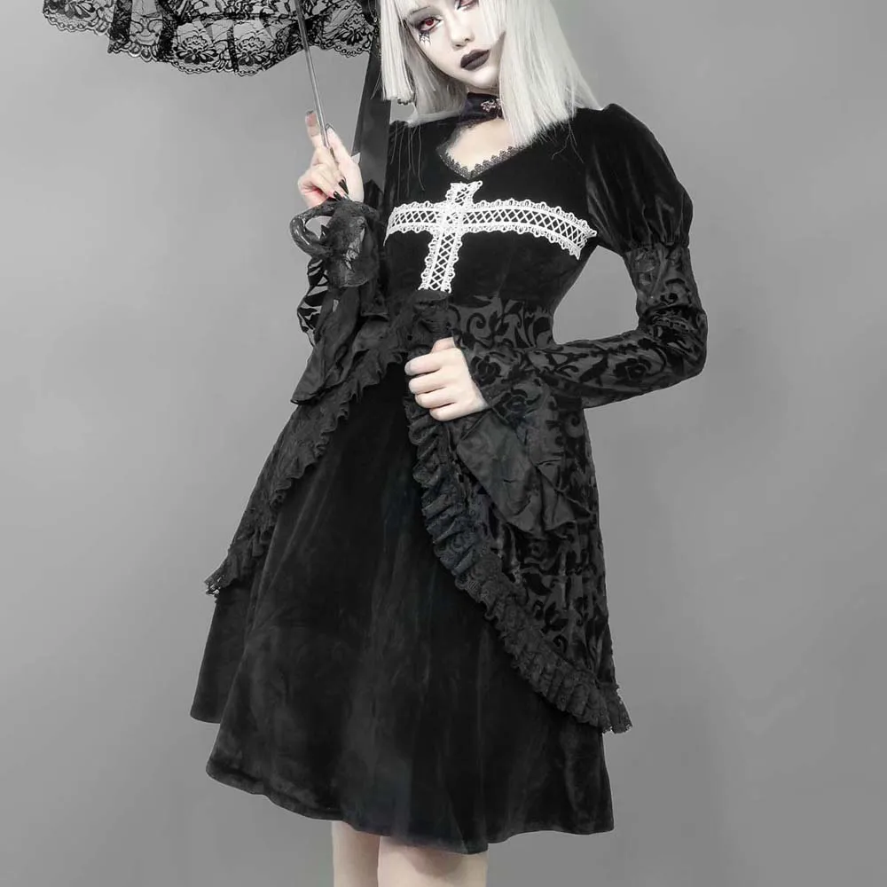 

Rosetic New Gothic Vintage Dress Women Darkness Patchwork Velvet Lace Halloween Lolita Flared Sleeve Short Dresses Spring 2022