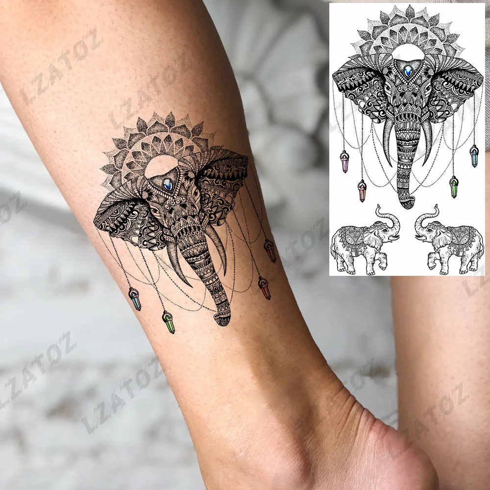 

Henna Elephant Pendant Temporary Tattoos For Woman Adults Realistic Fake Jewelry Totem Tattoo Sticker Foot Water Transfer Tatoos