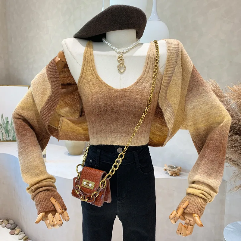 

New in Women's Clothing 2022 Autumn Sweet slim Long sleeve knitted cardigan with suspender vest