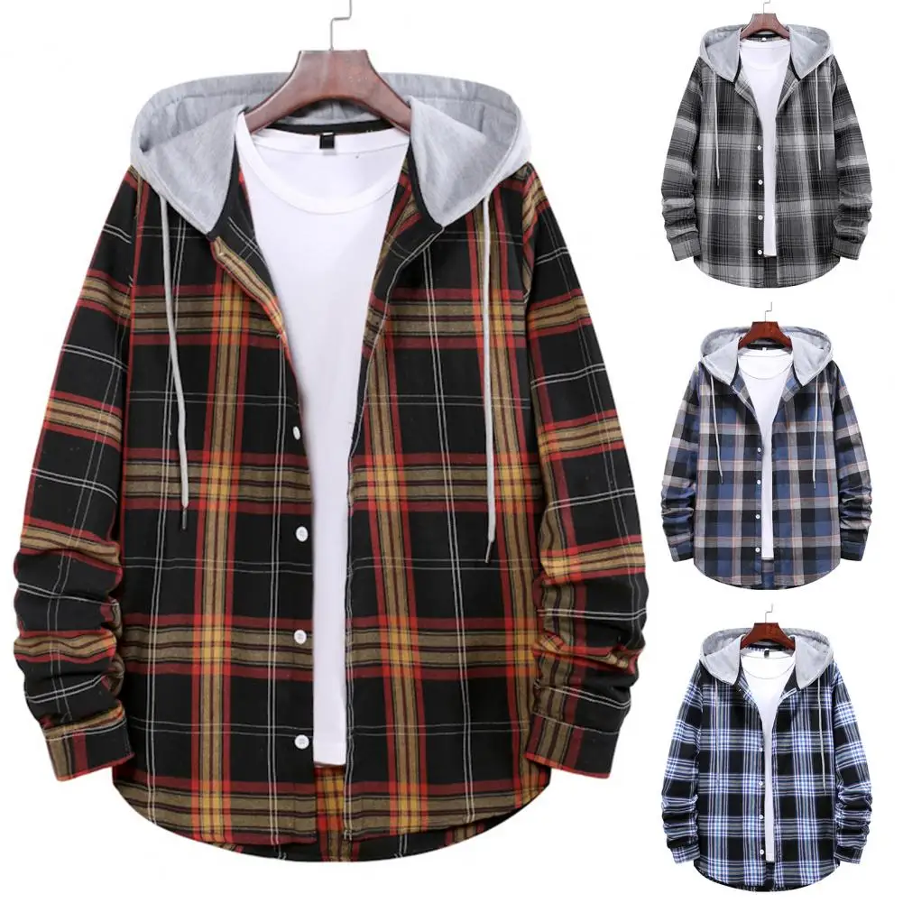 

Korean Streetwear Hooded Oversize Shirts Men Women Casual Plaid Printed Long Sleeve Shirt Fashion Hip Hop Workwear Chemise Homme