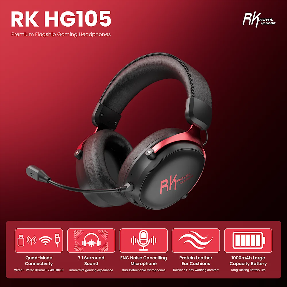 Фото Беспроводные наушники RK ROYAL KLUDGE HG105 с объемным звуком 7.1, 53-мм динамиками, RGB-подсветкой, Bluetooth и микрофоном с шумоподавлением ENC №1