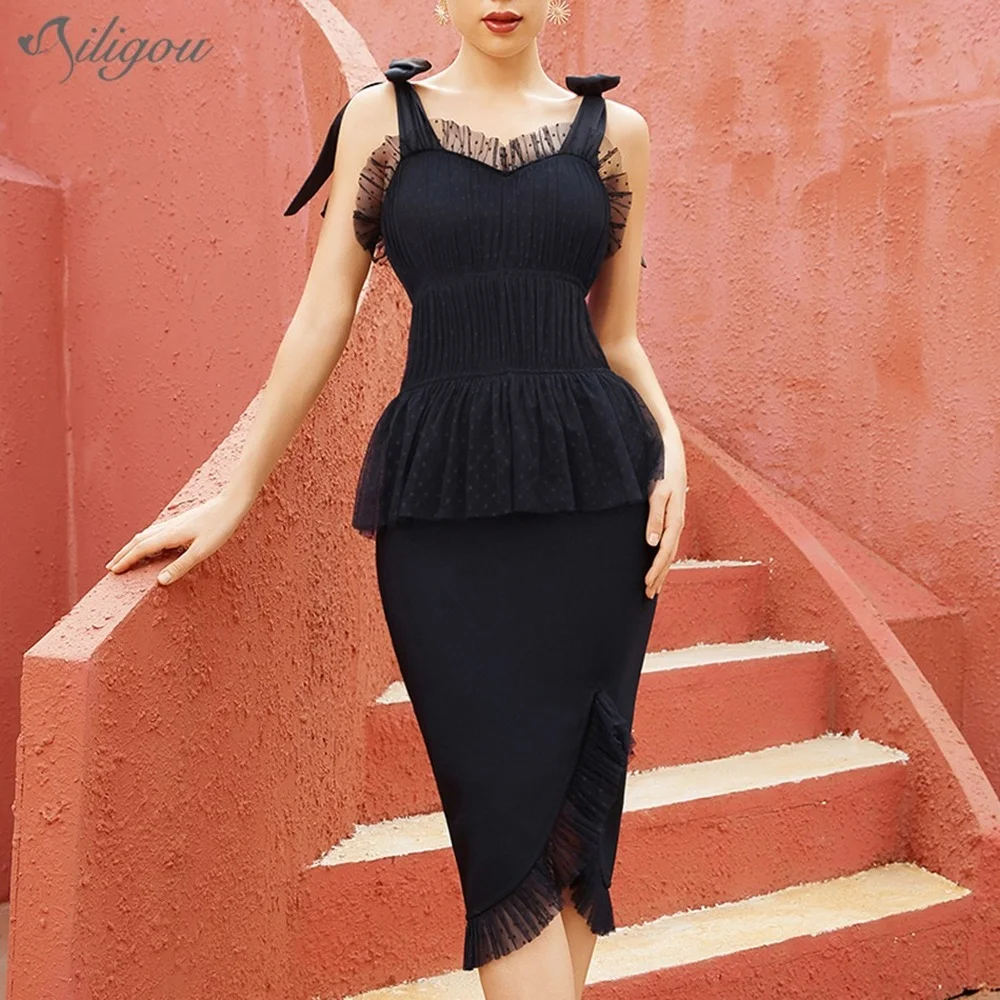 

Ailigou 2022 New Summer Women'S Strapless Black Bow Lace Tight Bandage Dress Sexy Celebrity Evening Runway Party Dress