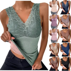 Women Solid Top Sexy Shirt  Lace V Neck Trim Padded Vest Thermal Underwear Plus Velvet Base Shirts women intimates sexy lingerie