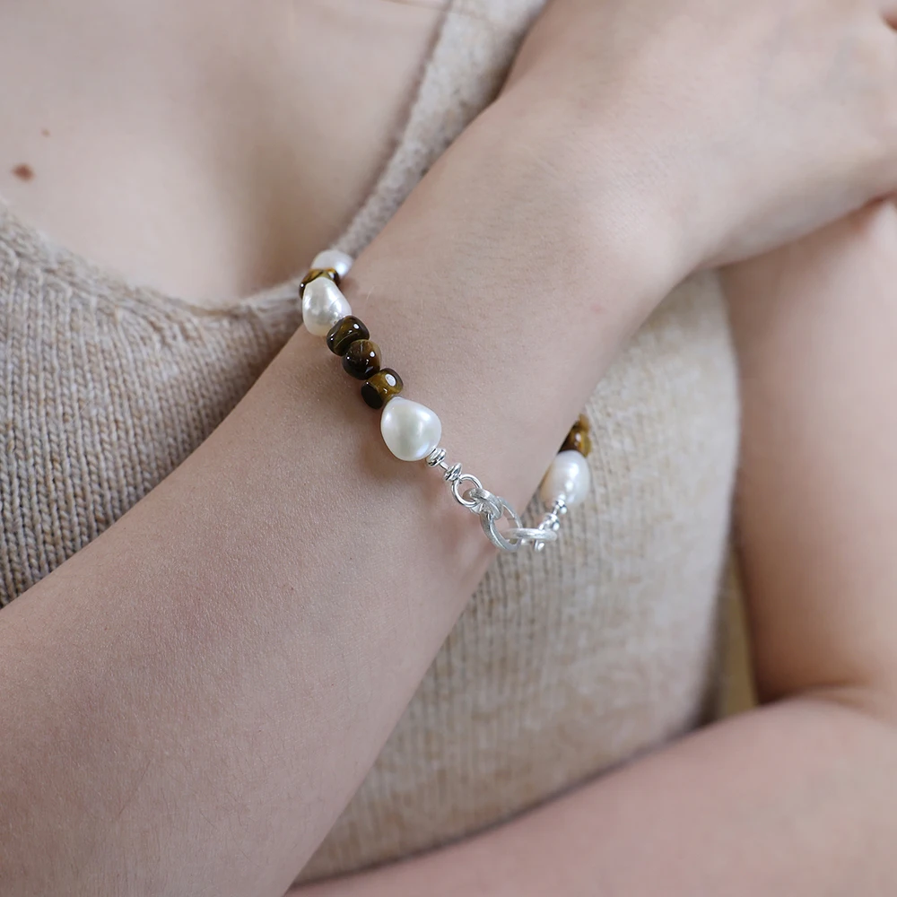 Женский комплект из жемчуга и браслета серебра 925 пробы