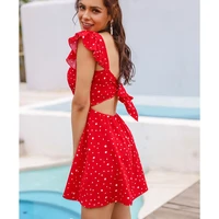red sexy backless lace up mini dress summer square neck flying short sleeve boho dress ladies ruffled pleated slim beach dress