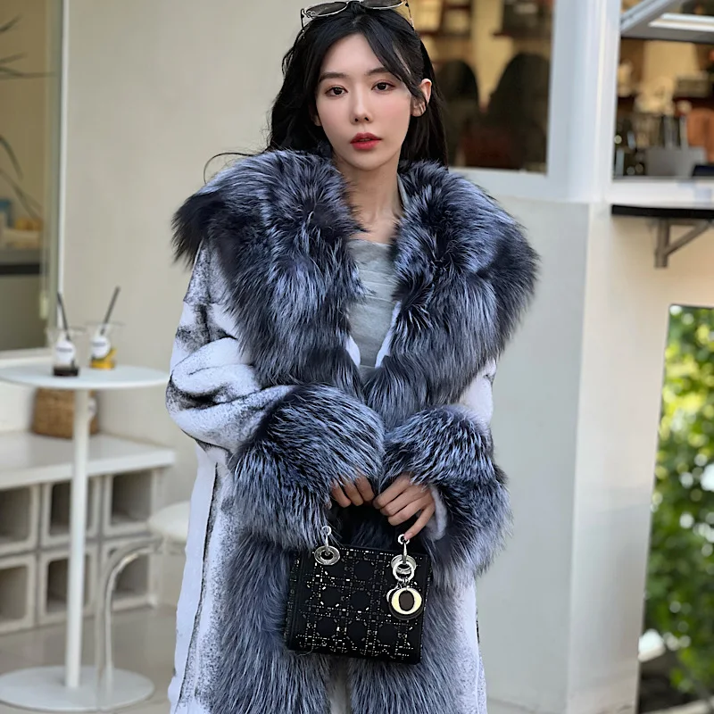 Женское длинное пальто из натурального меха кролика Рекс зимнее с воротником