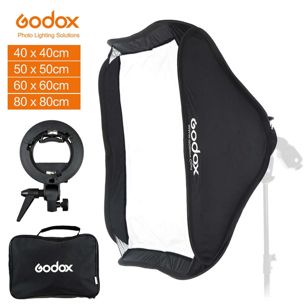 

GODOX 40x40/50x50/60x60/80x80cm Softbox with S Type Bracket Stable Bowens Mount Flash Bracket Mount Foldable Softbox Kit