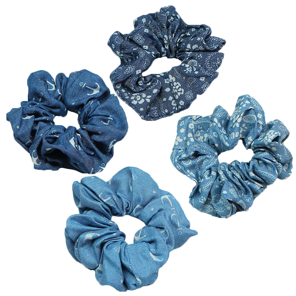 

4PCS Denim Hair Scrunchies Hair Rings Hair Ropes Stretchy Hair Ties Hair Accessories Ponytail Holders for Women Ladies Girls