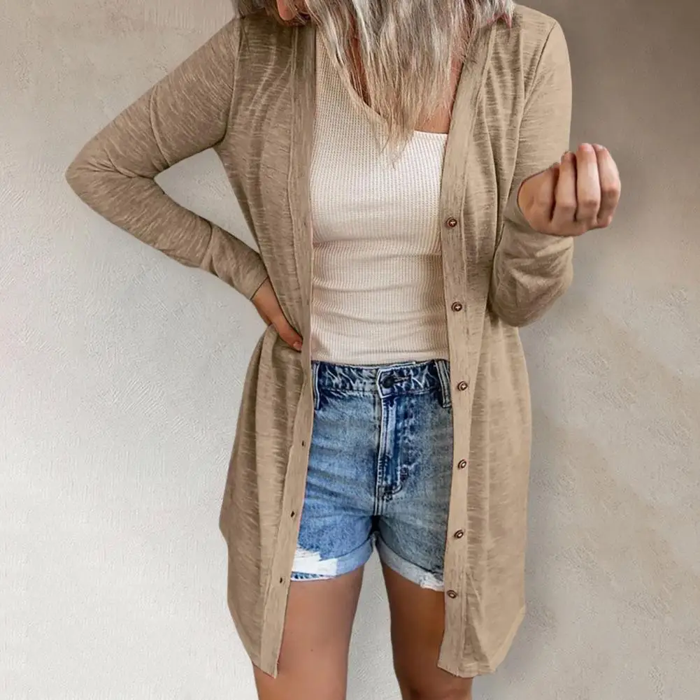 

Chic Lady Coat Cardigan Autumn Jacket Long Sleeves Pure Color Lightweight Anti-pilling Lady Coat Single-breasted
