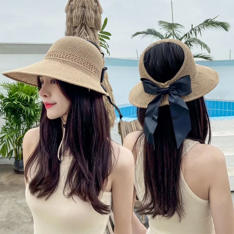 

Summer Female Sun Hat Sun Protection Wide Brim Empty Top Knitted Hat Fashion Anti-Uv Foldable Fisherman Hat Beach Sunshade Caps