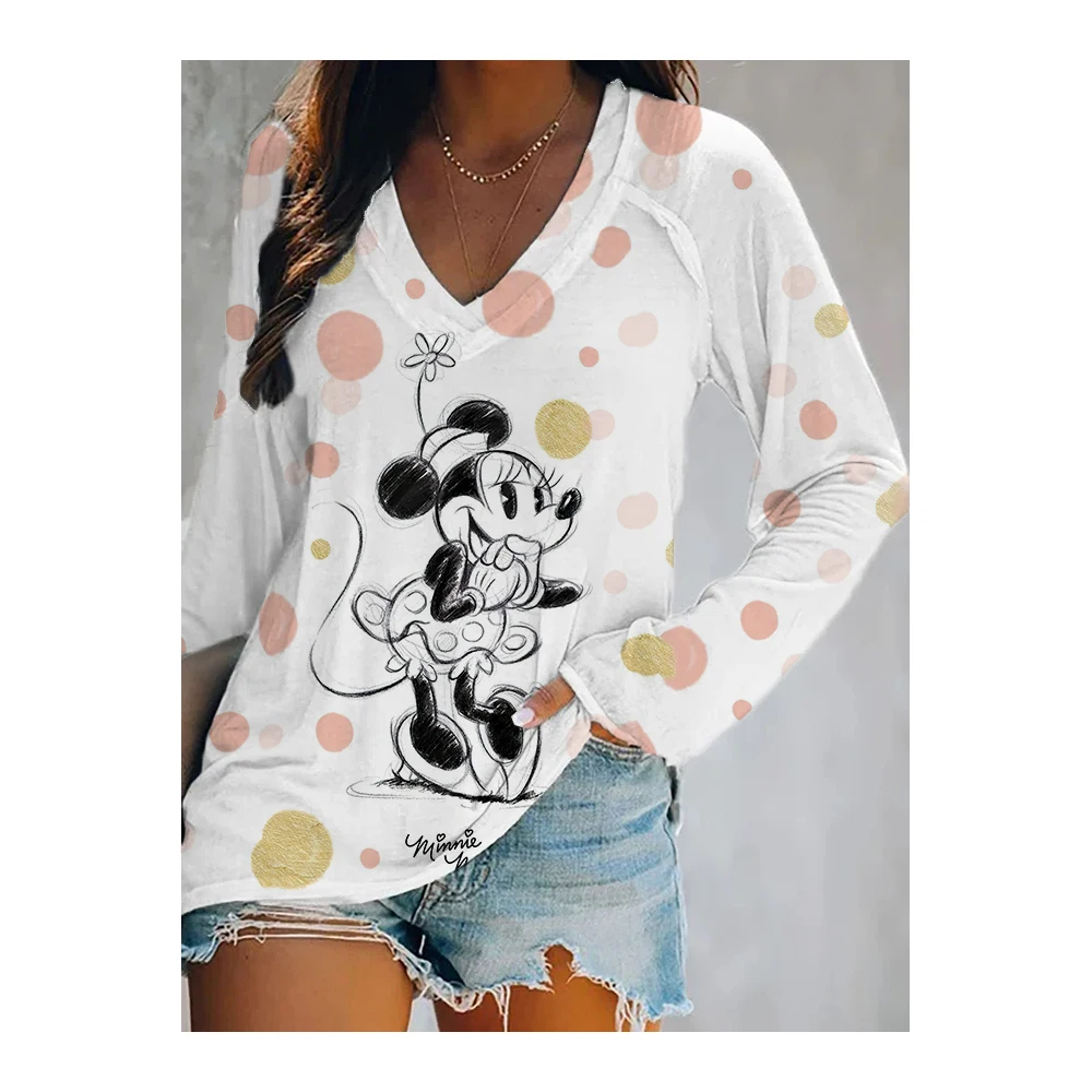 Women's T-shirt Casual V Neck Cartoon Mickey Print Casual Spring Autumn New Long Sleeve Fashion Pullover Loose Ladies Street Top