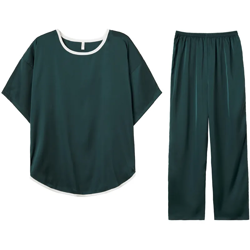 2023 New Spring, Summer and Autumn Silk Short Sleeve round Neck Pajamas Women's Suit Loose Large Size Ice Silk Leisure Homewear