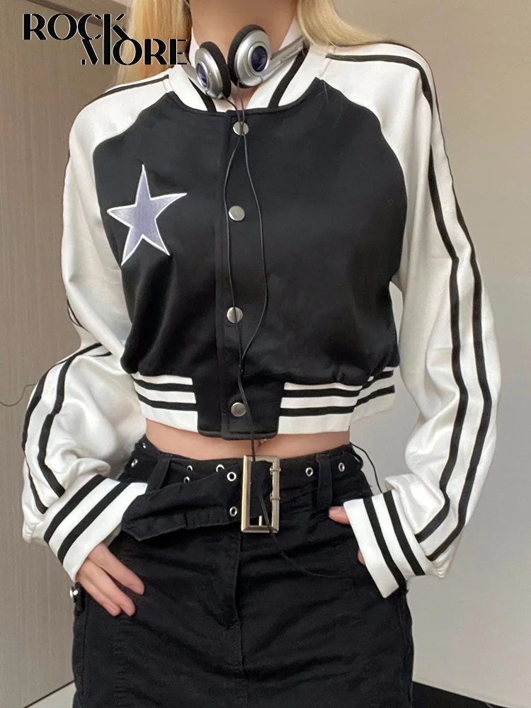 

Rockmore Bomber Jacket Preppy Style Striped Print Women'S Jackets Autumn Streetwear Baseball Coat y2k Casual Patchwork Outerwear