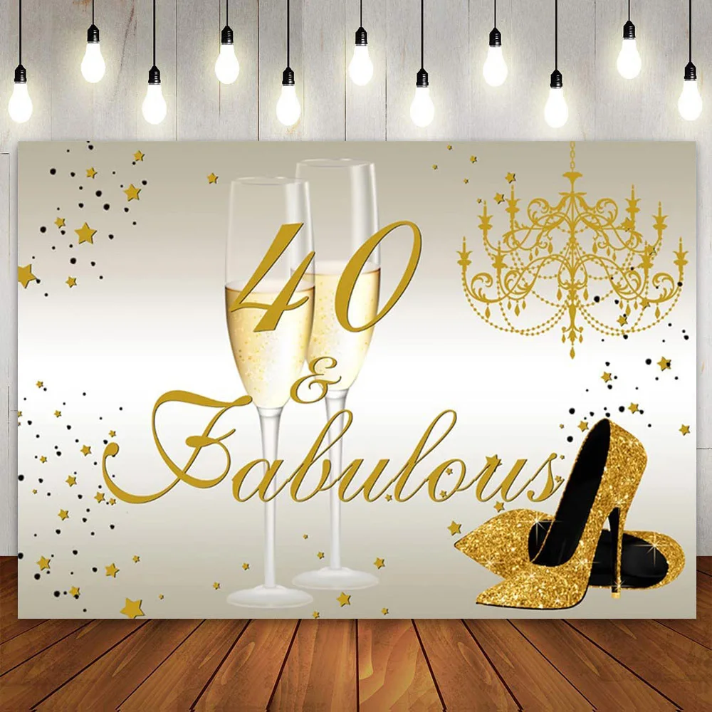 Happy 40th Birthday Backdrop for Women Party Banner Decoration Champagne Gold High Heels and  Fabulous Photography Background