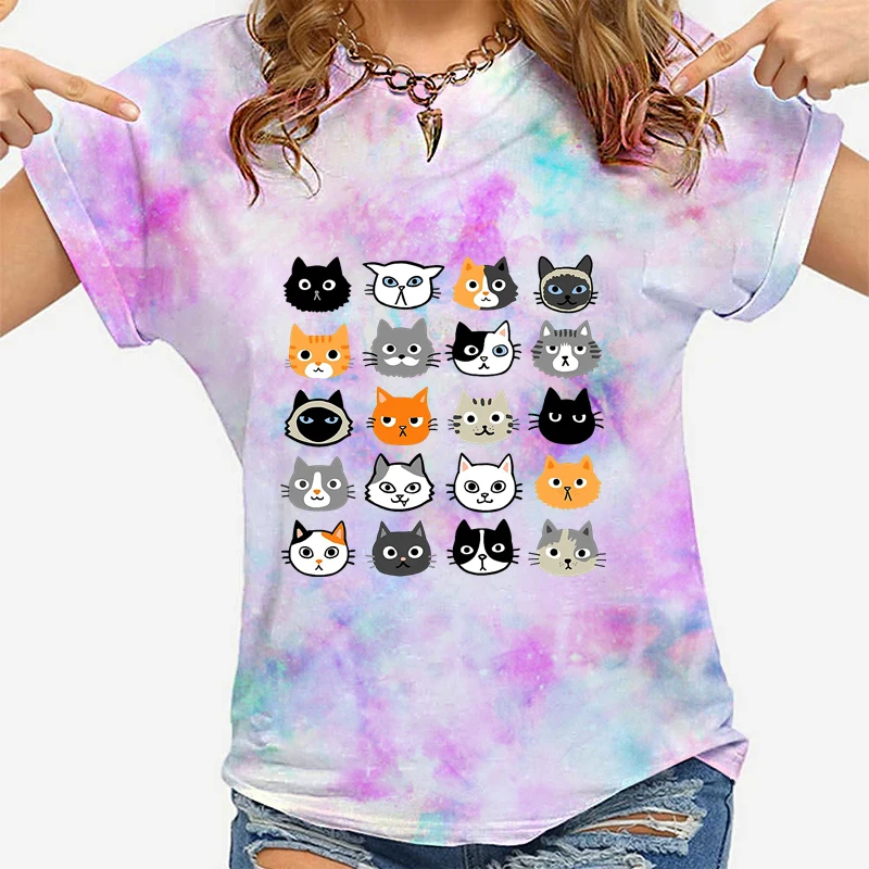 

Funny Cat Print Tie Dye T Shirt Y2k Aesthetic T-shirts Oversized Anime Tshirt Animals Cartoon Graphic Tees Cottagecore Clothes