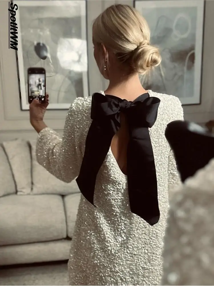 

Sequined Sparking Back Bow Lace Up Mini Dress Women Chic O-Neck Long Sleeve Vestidos Mujer Lady Party Club Evening Banquet Dress